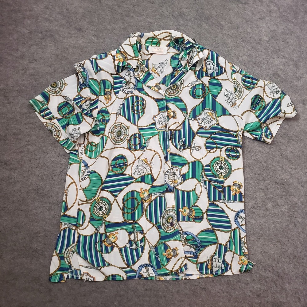 Da Rue Shirt Womens 10 Blue‎ Green Button Up Short Sleeve Collared Padded Ladies